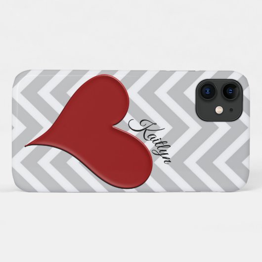 Red Heart on Gray Zickzack Strip Phone Case (Rückseite (Horizontal))