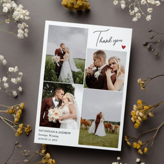 Red Heart Romantic Wedding Photos Thank You Note Dankeskarte