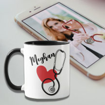 Red Heart Stethoscope Name Nurse Doctum Kaffee