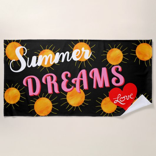 Red Heart Sunset Summer Dreams Black Strandtuch (Vorderseite)