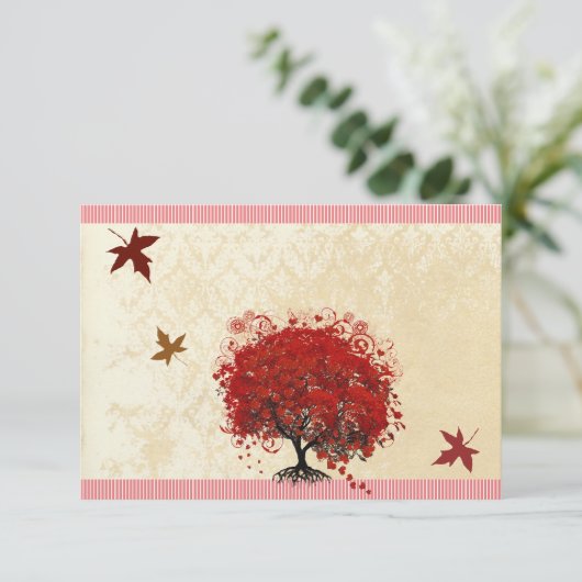 Red Heart Tree Fall Leaves Wedding Einladung (Stehend Vorderseite)