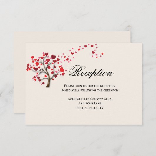 Red Heart Tree on Ivory Wedding Reception Card Einladung (Vorne/Hinten)