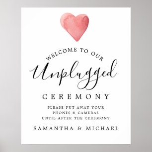 Red Heart Unplugged Wedding Ceremony Sign Poster