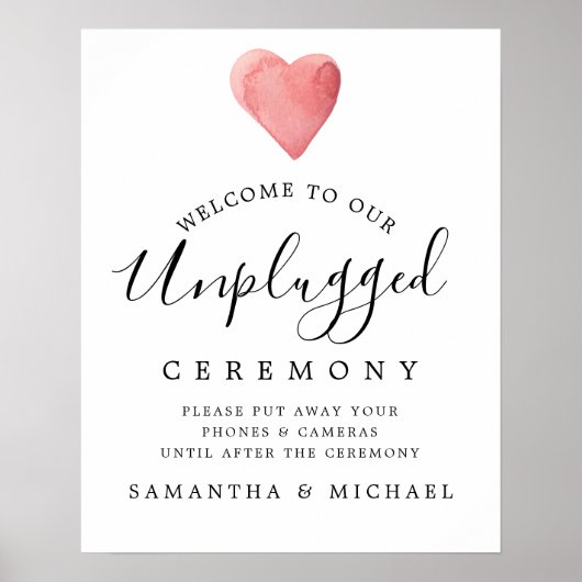 Red Heart Unplugged Wedding Ceremony Sign Poster (Vorne)
