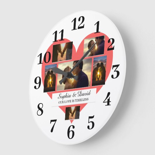 Red Heart Valentine Couple Photo Name Personalized Große Wanduhr (Winkel)