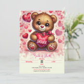 Red Heart Valentine Teddy Bear Baby Dusche Einladung (Stehend Vorderseite)
