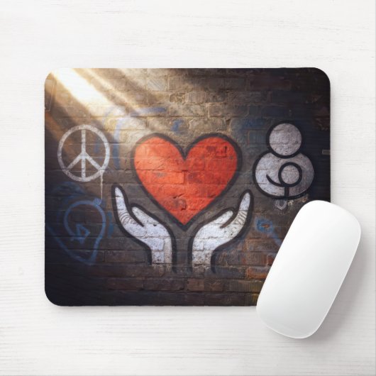 Red Heart with Hands Graffiti On a Brick Wall Mousepad (Mit Mouse)