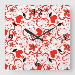 Red hearts and flowers haben wir White Quadratische Wanduhr