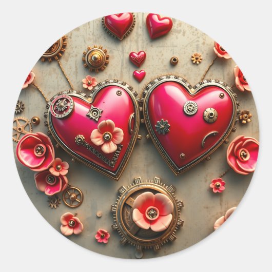 Red Hearts and Gold Metal Gears Steampunk Runder Aufkleber (Vorderseite)