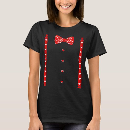 Red Hearts Bow Tie Suspenders Valentines Day Costu T-Shirt (Vorderseite)