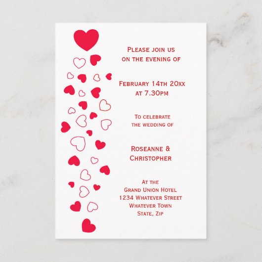 Red Hearts Design Valentinstag Hochzeitsempfang Begleitkarte (Rückseite)