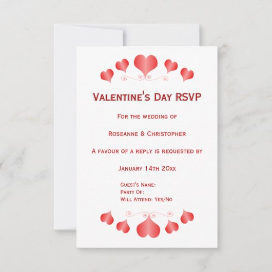 Red Hearts Design Valentinstag Wedding RSVP Karte (Vorderseite)