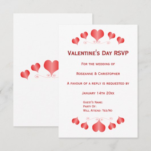 Red Hearts Design Valentinstag Wedding RSVP Karte (Vorne/Hinten)