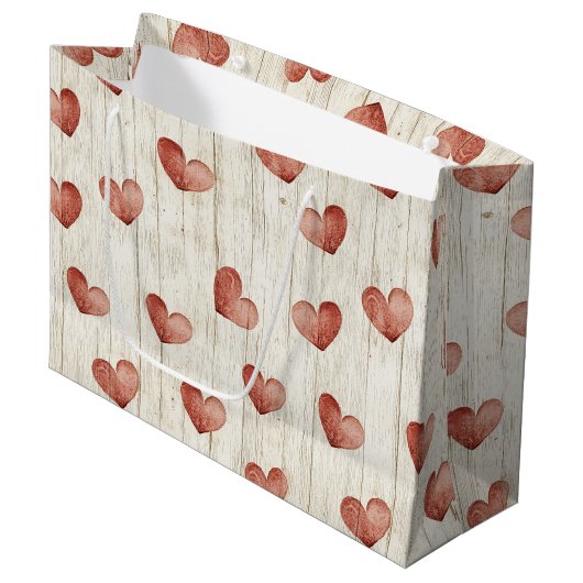 Red Hearts Imitats Wood Große Geschenktüte (Vorderseite Schrägansicht)