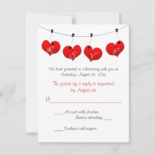 Red Hearts in Liebe Wedding RSVP Card Einladung (Vorderseite)