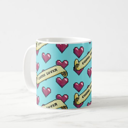 Red Hearts Kaffee Lover Retro Pixel Art Muster Kaffeetasse (Vorderseite Links)