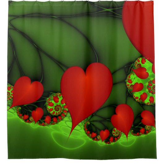 Red Hearts Lime Green Modernes Abstraktes Fraktal Duschvorhang (Vorderseite)