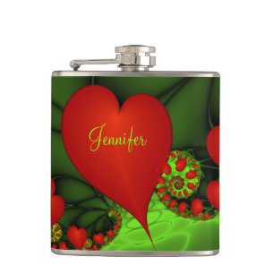 Red Hearts Lime Green Modernes Abstraktes Fraktal Flachmann
