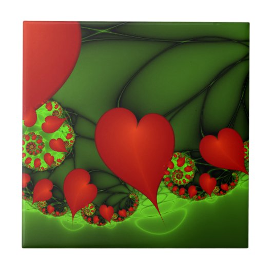 Red Hearts Lime Green Modernes Abstraktes Fraktal Fliese (Vorderseite)