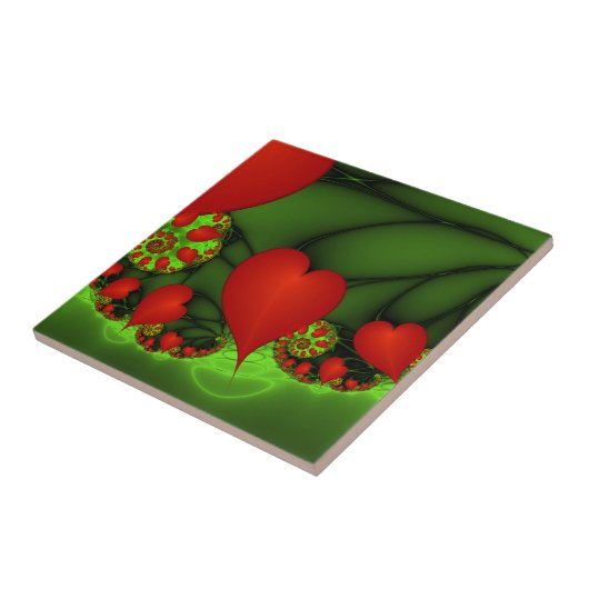 Red Hearts Lime Green Modernes Abstraktes Fraktal  Fliese (Seite)