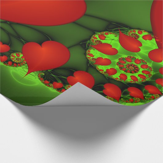 Red Hearts Lime Green Modernes Abstraktes Fraktal Geschenkpapier (Ecke)