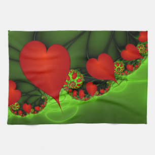 Red Hearts Lime Green Modernes Abstraktes Fraktal Geschirrtuch