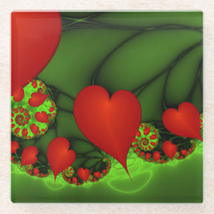 Red Hearts Lime Green Modernes Abstraktes Fraktal Glasuntersetzer