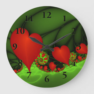 Red Hearts Lime Green Modernes Abstraktes Fraktal  Große Wanduhr