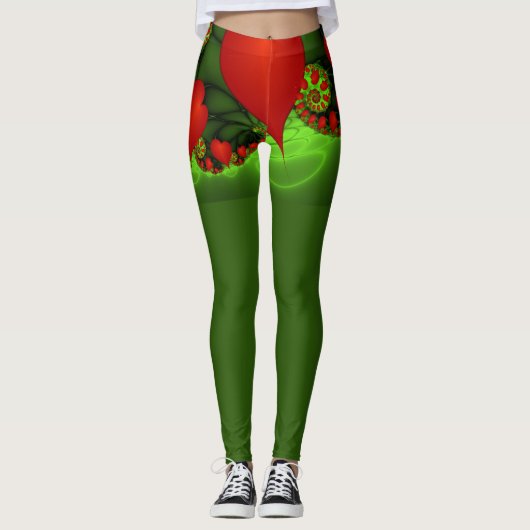 Red Hearts Lime Green Modernes Abstraktes Fraktal Leggings (Vorderseite)
