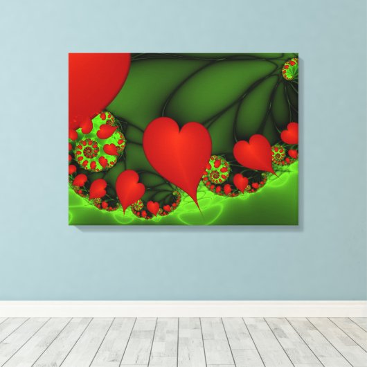 Red Hearts Lime Green Modernes Abstraktes Fraktal Leinwanddruck (Insitu (Holzboden))
