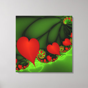 Red Hearts Lime Green Modernes Abstraktes Fraktal  Leinwanddruck