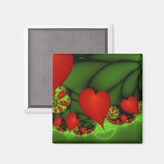 Red Hearts Lime Green Modernes Abstraktes Fraktal Magnet (Vorderseite/Rückseite)