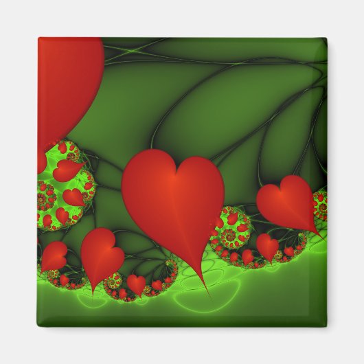 Red Hearts Lime Green Modernes Abstraktes Fraktal Magnet (Vorne)