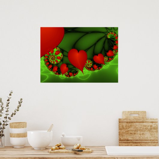 Red Hearts Lime Green Modernes Abstraktes Fraktal Poster (Küche)