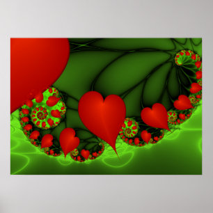 Red Hearts Lime Green Modernes Abstraktes Fraktal  Poster