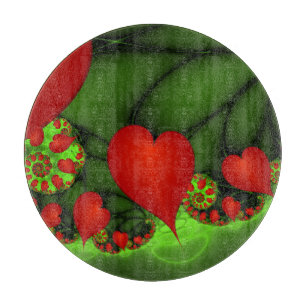 Red Hearts Lime Green Modernes Abstraktes Fraktal  Schneidebrett