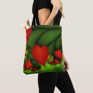 Red Hearts Lime Green Modernes Abstraktes Fraktal Tasche