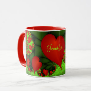 Red Hearts Lime Green Modernes Abstraktes Fraktal  Tasse