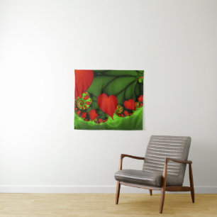 Red Hearts Lime Green Modernes Abstraktes Fraktal Wandteppich