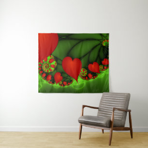 Red Hearts Lime Green Modernes Abstraktes Fraktal Wandteppich
