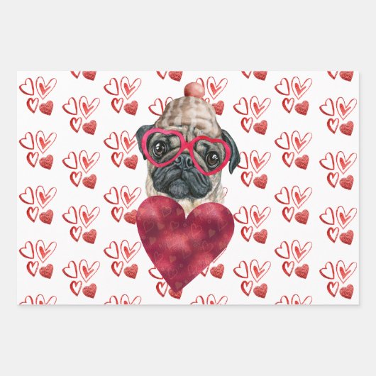 Red Hearts Mops Dog Lover Valentines Geschenk Geschenkpapier Set (Vorderseite)