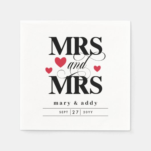 Red Hearts Mrs. & Mrs. Lesbian Wedding Serviette (Vorderseite)