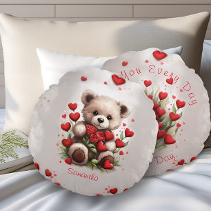 Red Hearts Niedlich Teddy Bären & Rose Valentinsta Rundes Kissen