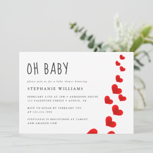 Red Hearts Oh Baby Valentines Baby Shower Einladung (Stehend Vorderseite)