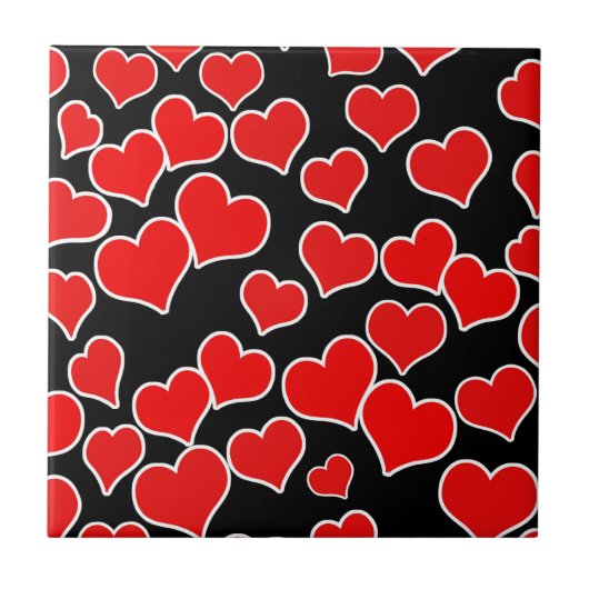 Red Hearts on Black Background Fliese (Vorderseite)