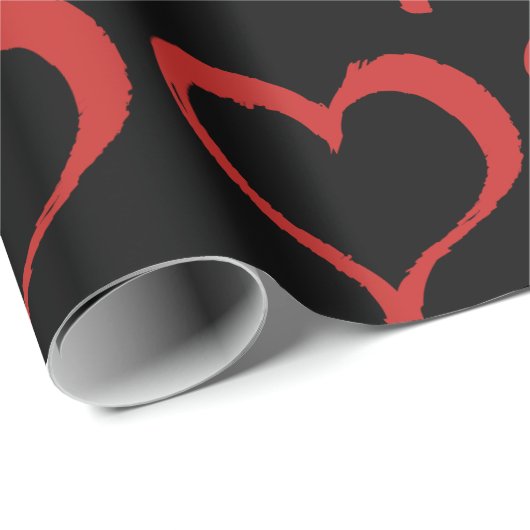 Red Hearts on Black Liebe Pattern Geschenkpapier (Rolleneckpunkt)