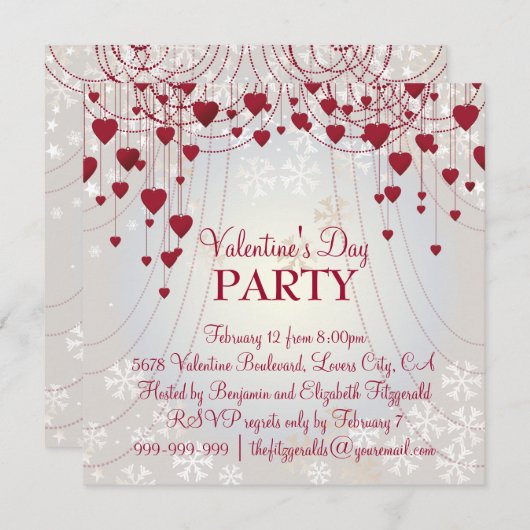 Red Hearts on Radiant White Valentines Party Einladung (Vorne/Hinten)