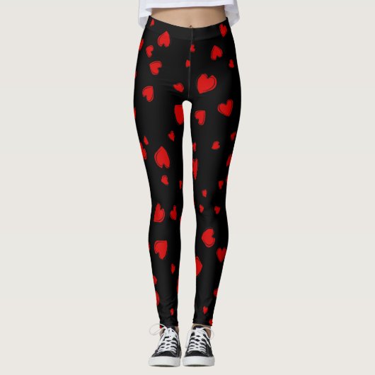 Red Hearts Pattern auf Schwarz Leggings (Vorderseite)