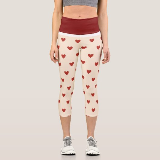 Red Hearts Pattern on Cream Background Leggings (Vorderseite)