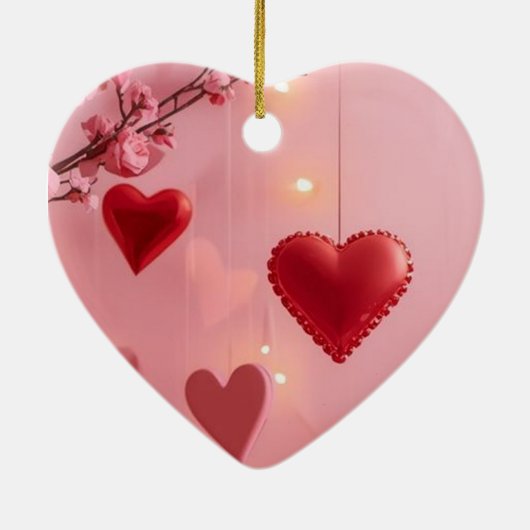 Red Hearts Pink Flowers on Romantic Valentine Tree Keramik Ornament (Hinten)
